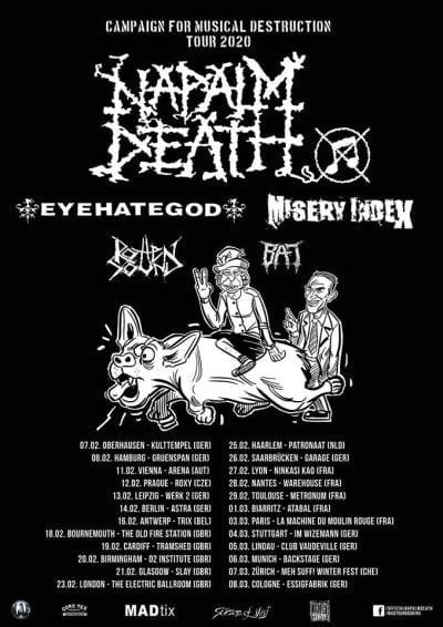 image article NAPALM DEATH / EYEHATEGOD / MISERY INDEX / ROTTEN SOUND / BAT en tournée européenne et à l'affiche du Nantes Deathfist 2020 !!